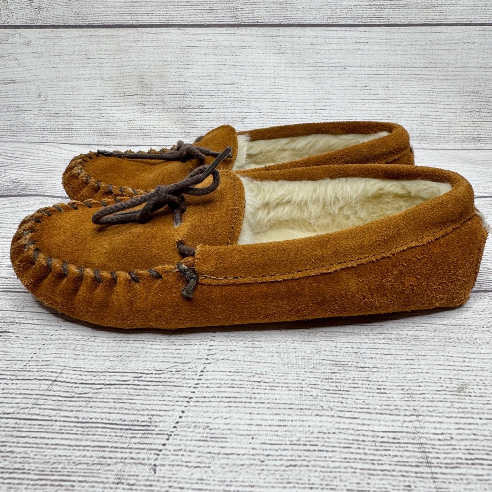 Minnetonka Kids size 3 Moccasins Slippers Brown Suede Leather Lined Shoes‎